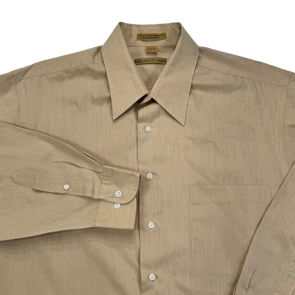 Milano Uomo Mens Tan Cotton Blend Long Sleeve Dress Shirt Size 17 34/35